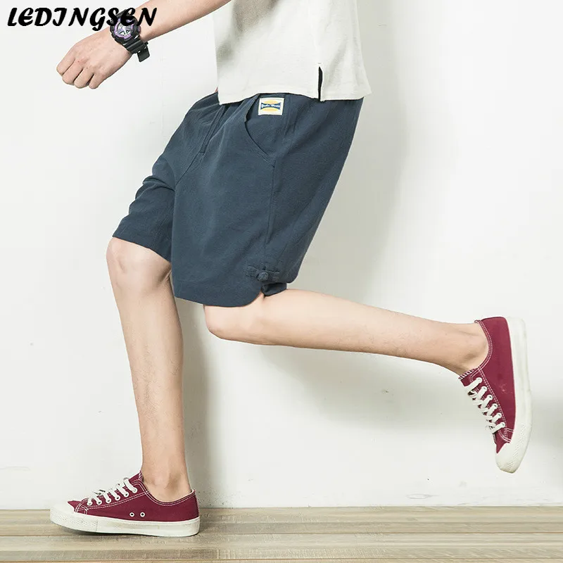LEDINGSEN Breathable Summer Cotton Linen Shorts Men Khaki Black Casual