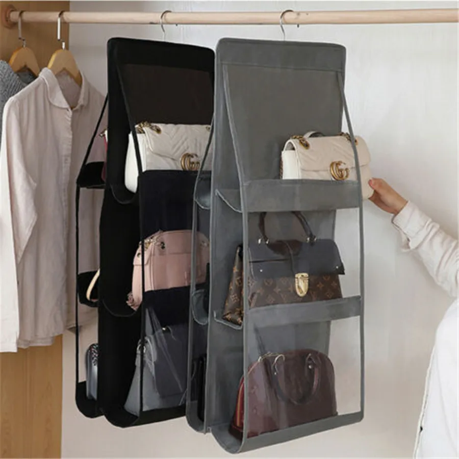 Clear Hanging Purse Handbag Tote Storage Organizer Closet Rack Hanger 6 Pockets 