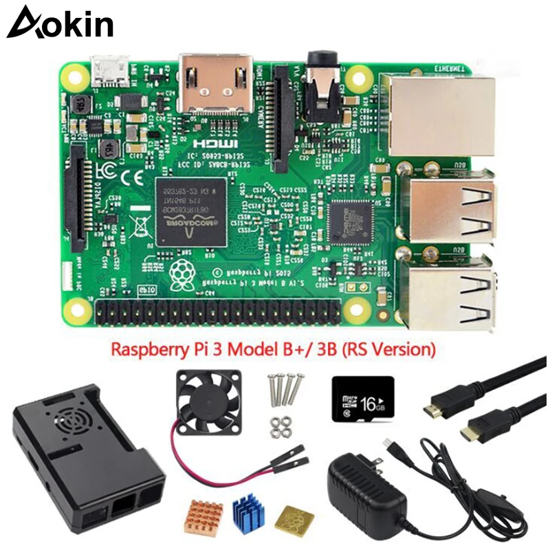 7 шт. Комплект Combo Raspberry Pi 3 Модель B +/3B материнской платы, 16 ГБ карта памяти MicroSD и 5 В 2.5A адаптер, радиаторы, черный корпус и кабель HDMI