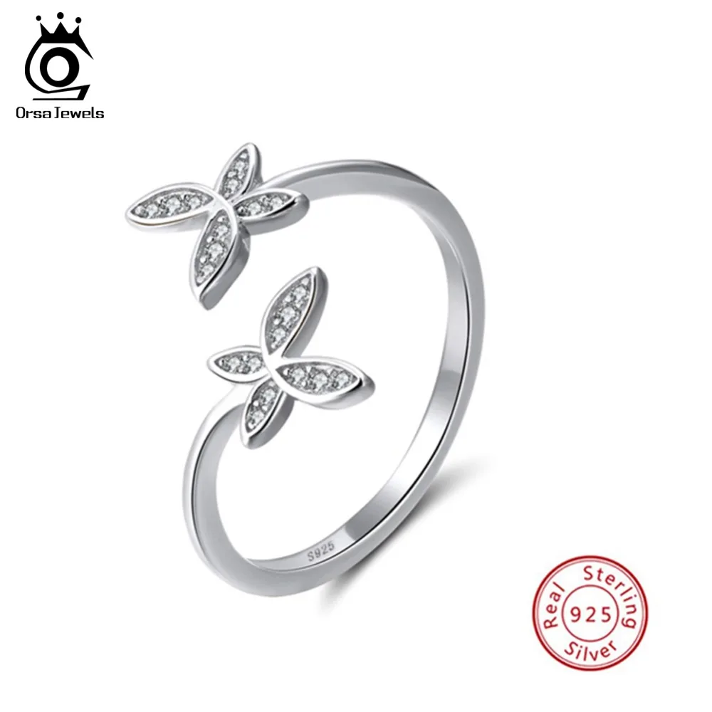 ORSA JEWELS Fashion Silver 925 Adjustable Rings Flower Design Sterling Silver Ring with Austrian Cubic Zirconia for Women SR10