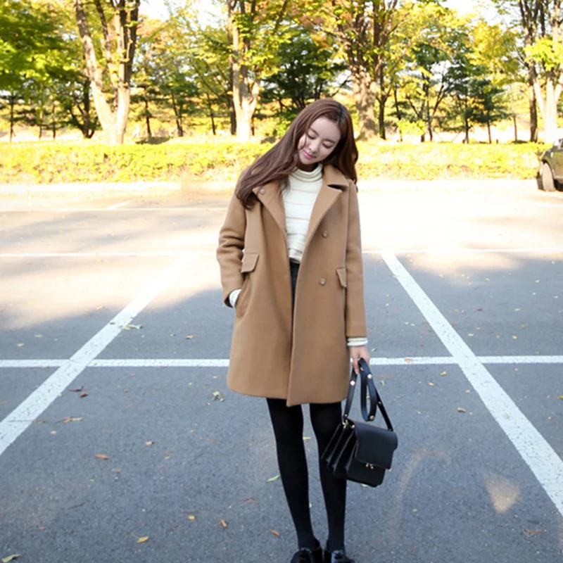 

Turn-down Collar Women Woolen Coat Leisure Women's Woolen Coat 2019 New Solid color Autumn Winter Large size Medium long NUW103
