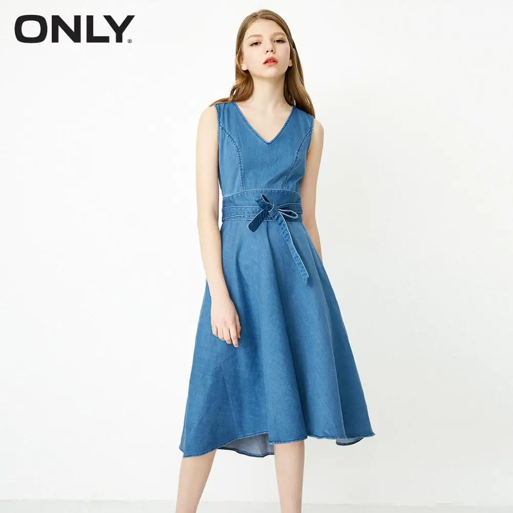 

ONLY V Neckline Lace-up Denim Dress |118142505