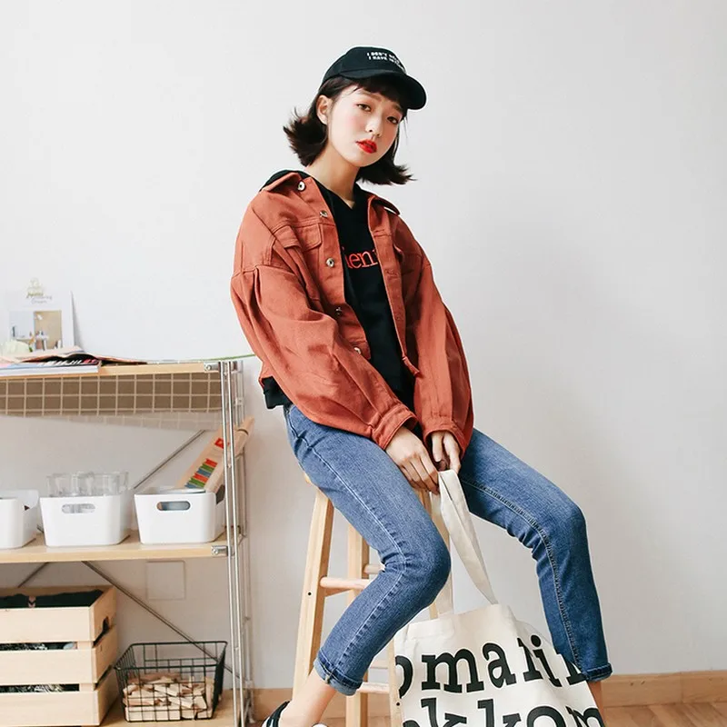Best  New Fashion Orange Female Jacket Bomber Jackets Jeans Jacket Women Loose Lantern Sleeves Women's De