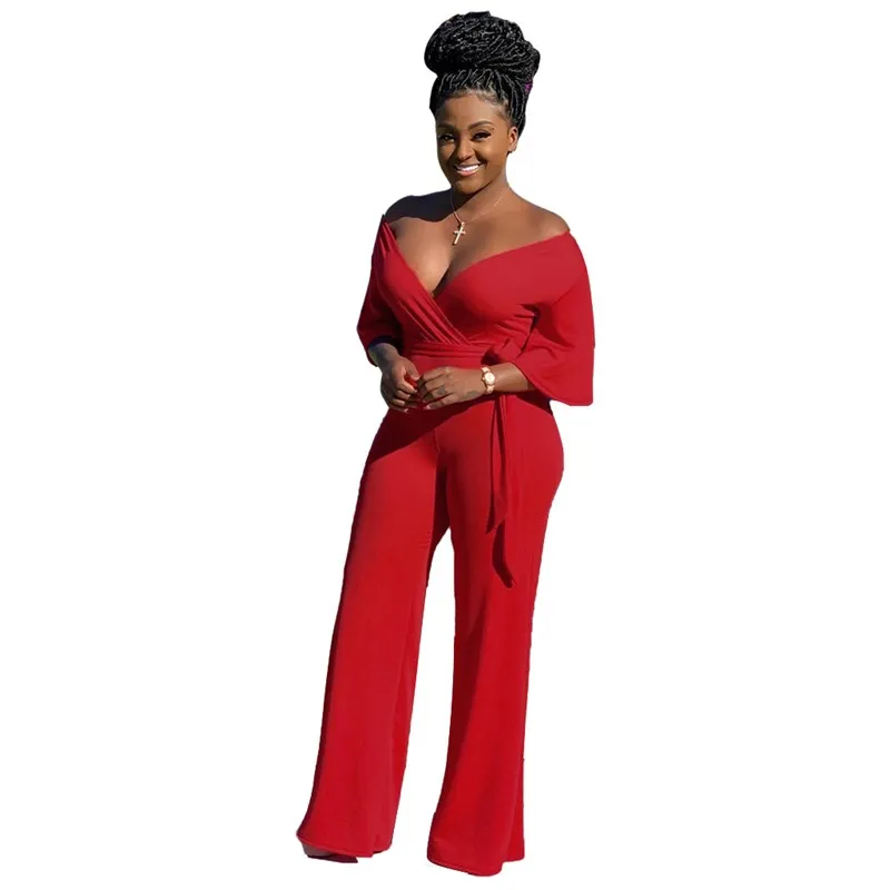 

2019 Women Lace Up Wide Leg Jumpsuit Casual Off Shoulder Playsuit Sexy V Neck Overalls