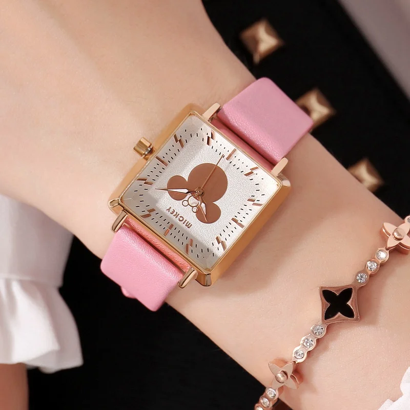 Микки Маус женские квадратные кожаные Кварцевые водонепроницаемые наручные часы disney Женские Простые модные элегантные часы хорошего качества - Цвет: Розовый