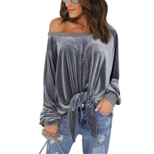 Off Shoulder Loose Velvet T-Shirts for Women Long Sleeve Bowknot Tied Up Stylish Sexy Tops 2017 Fashion Slash Neck Bandage Blusa