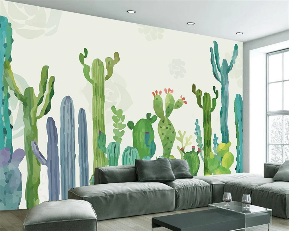

Beibehang Custom wallpaper simple hand-painted American pastoral cactus living room TV backdrop wall mural photo 3d wallpaper