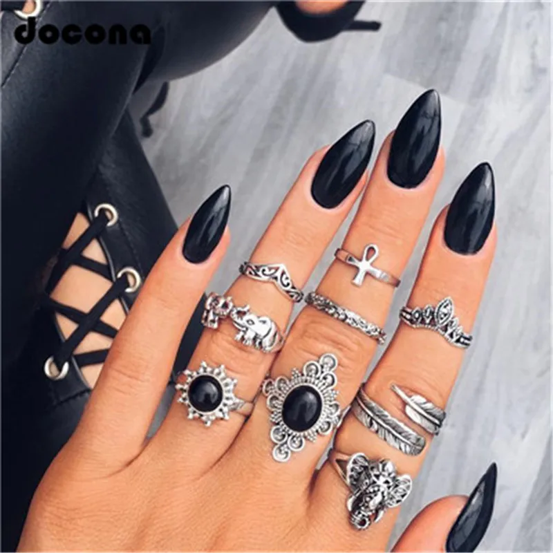 

Docona Vintage Elephant Crown Leaf Ring Set for Women Silver Carved Rhinestone Midi Rings Boho Jewelry Anillos 9pcs/1set 5775