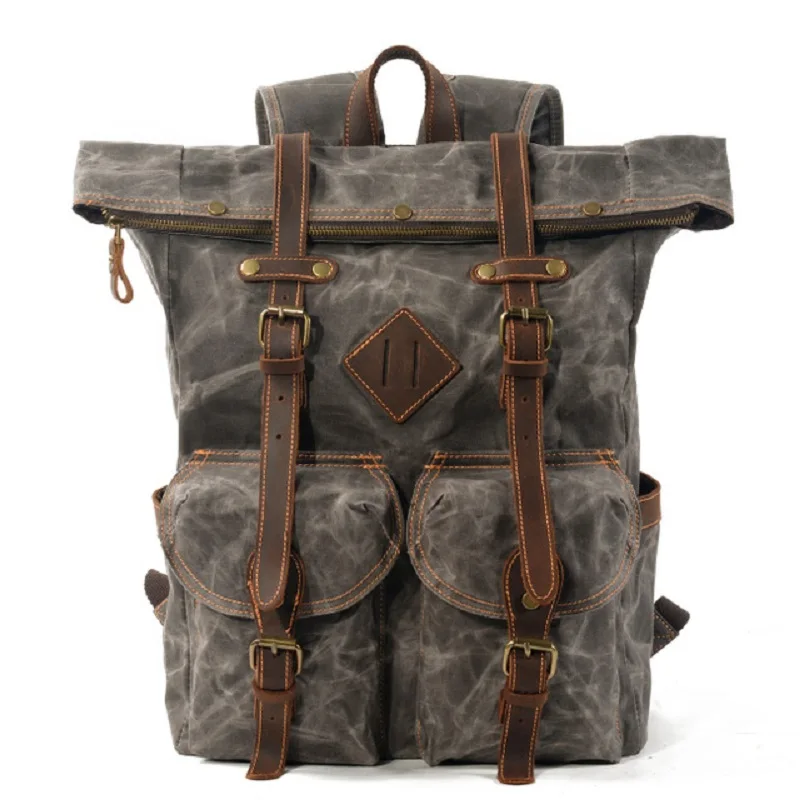 M263 новые роскошные винтажные холщовые рюкзаки для мужчин, масло воск, холст, кожа, рюкзак для путешествий, большой водонепроницаемый рюкзак, ретро рюкзак - Цвет: Celadon