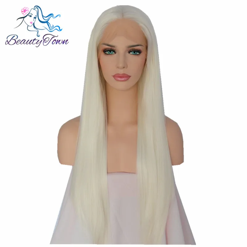 

BeautyTown White Color Heat Resistant Hair Hand Tied Big Lace Part Glueless Perruque Synthetic Lace Front Daily Wig For Present