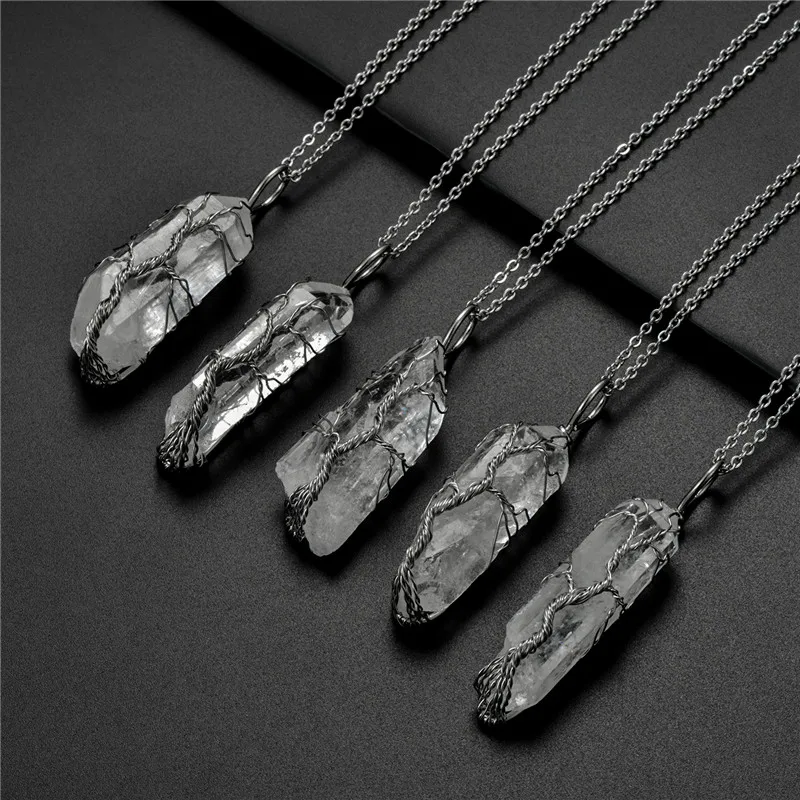 

Vintage Tree of Life Quartz Pendant Necklaces for Women Handmade Rainbow Chakra Healing Necklaces Jewelry Party Accessories