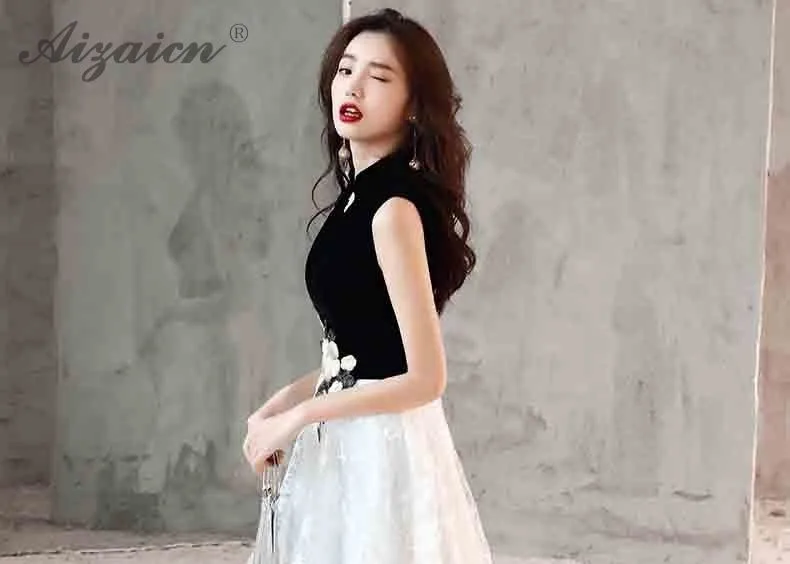 Китайское современное платье, черно-белые платья, мода, Qi Pao, аппликация, Cheongsam, Восточный стиль, длинные, повседневные, Qipao, вечерние платья
