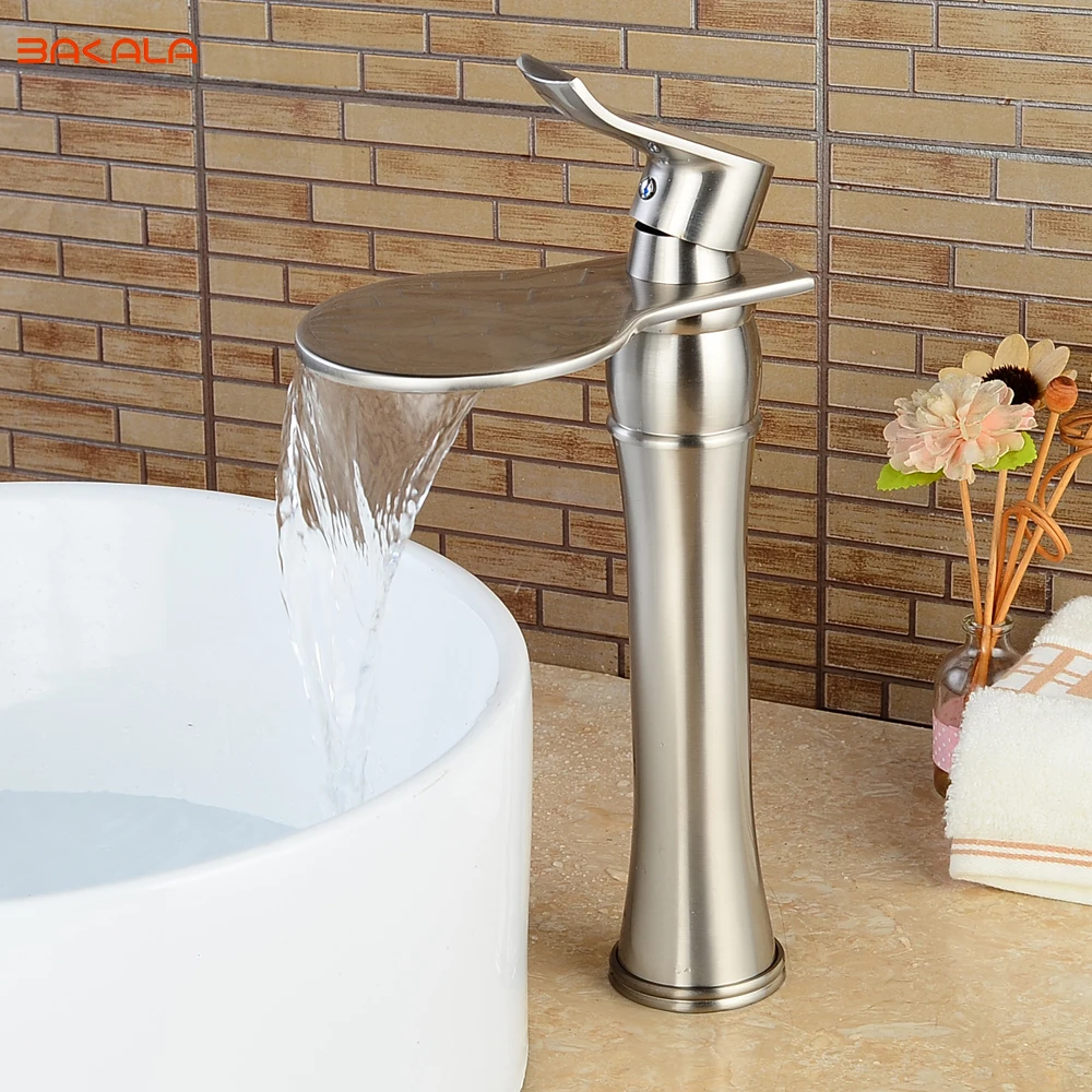 BAKALA Deck mounted Waterfall Bathroom Sink Vessel Faucet Nickel ...