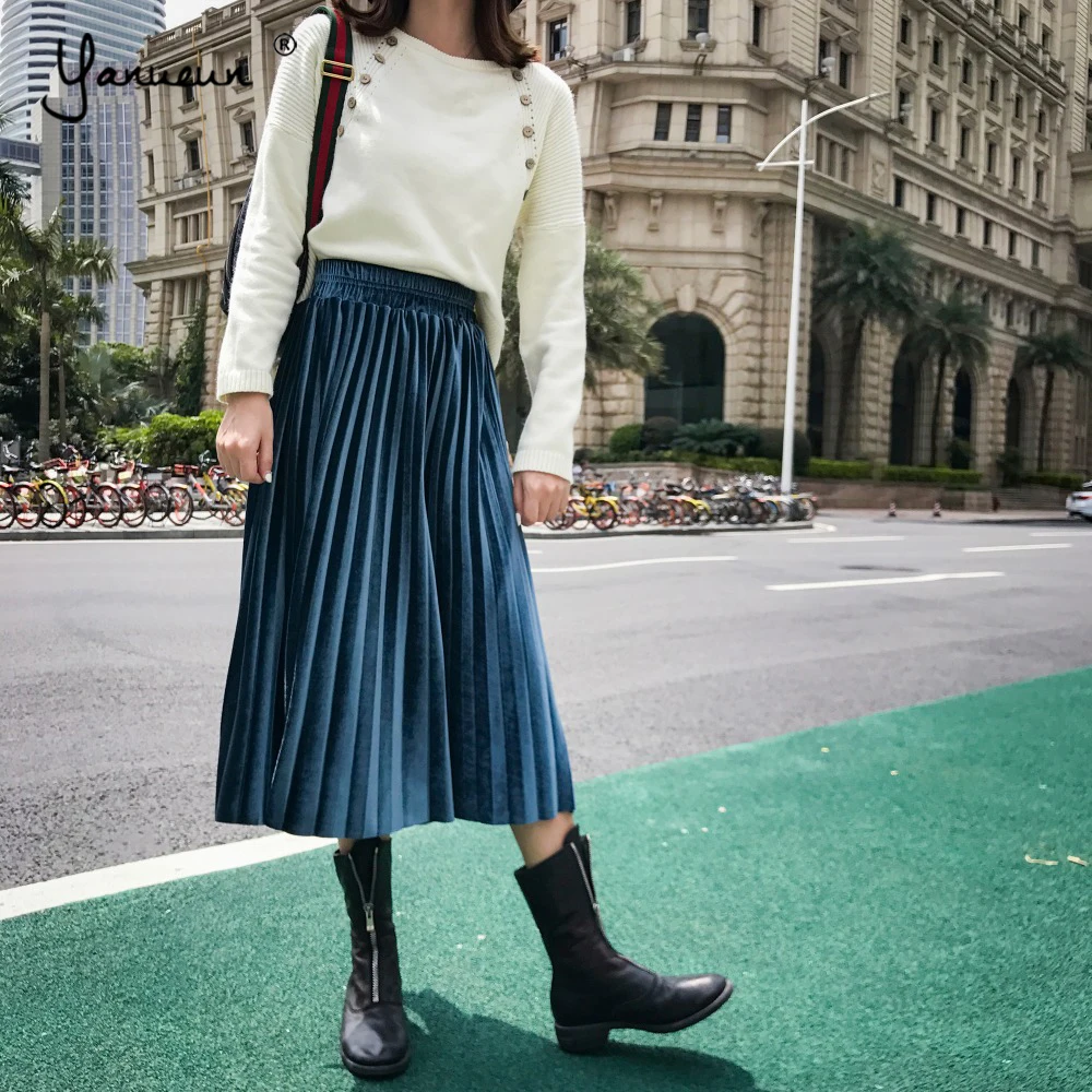 

Yanueun Autumn Winter Velvet Pleated Skirts Elegant Skirt Casual High Elastic Waist Mid-Calf Skirt Stylish For Ladies
