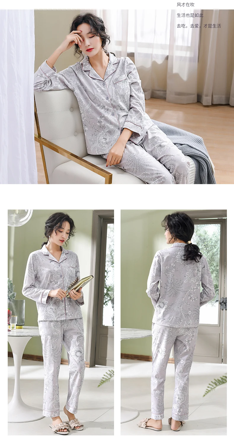 Pajamas For Women New Pure Cotton Women Home Suit XXXL Grey Floral Lapel Cardigan Top+Long Bottoms 2 Pcs Women Pajamas