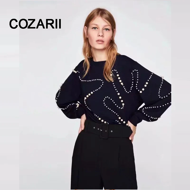 COZARII 2018 BTS women sweater england style panelled beading Pearls o-neck pullovers regular sweater women tops plus size