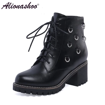 

Alionashoo Fashion Ankle Boots Shoes Woman Med Heel Platform PU Leather Boots Lace up Cow Muscle Shoes Short Booties Girls 34-43