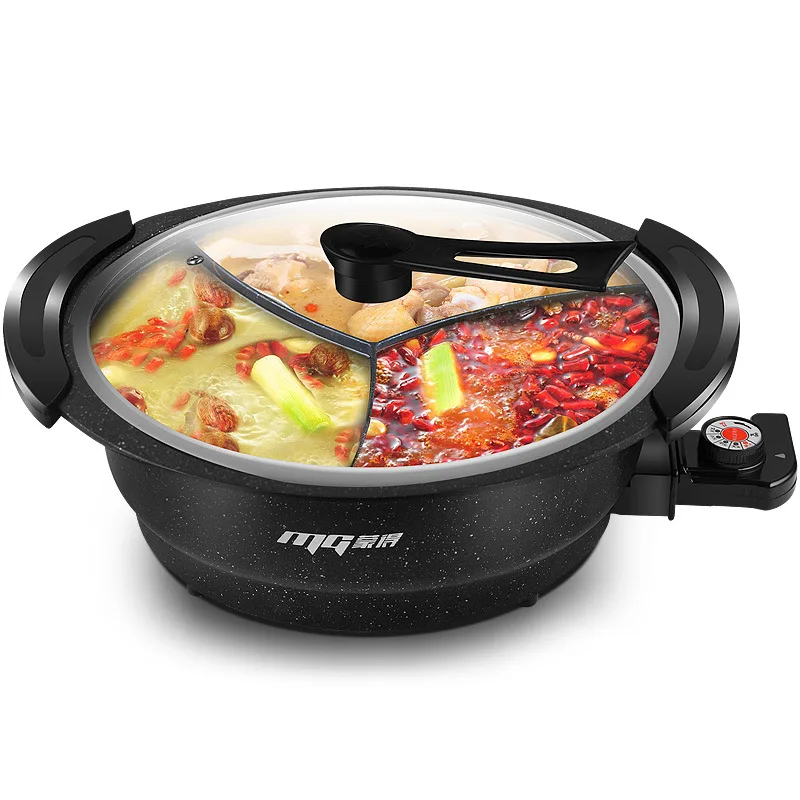 

Multi-function Soup Cooking Pot Large Capacity Non-stick 3 Divided Electric Hot Pot Maifan Stone Boiler With Visual Stand Cover