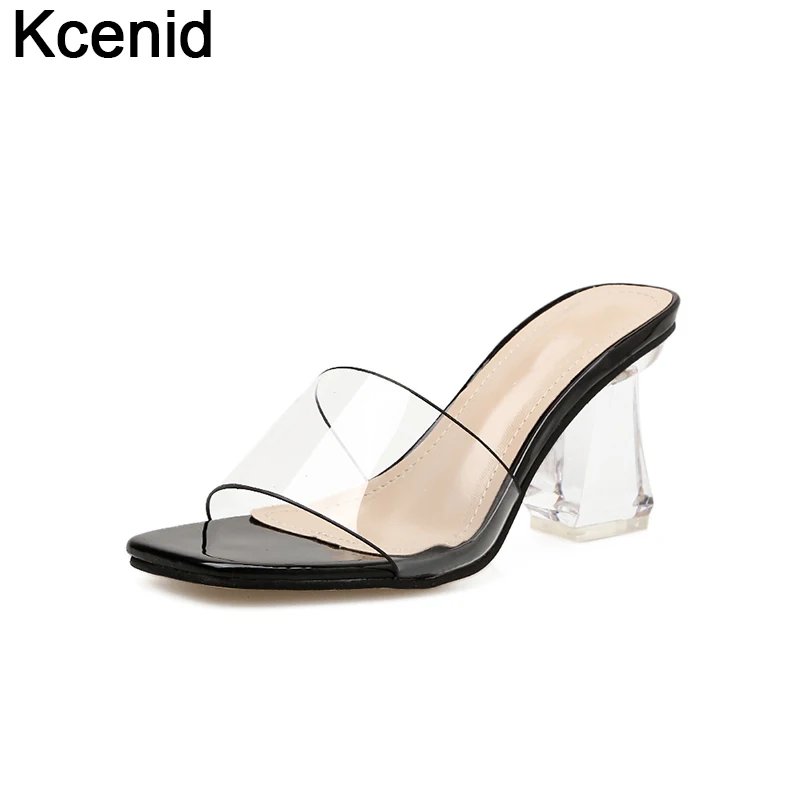 

Kcenid 2018 Fashion crystal heel slippers transparent PVC gladiator sandals women high heels sexy peep toe casual shoes woman
