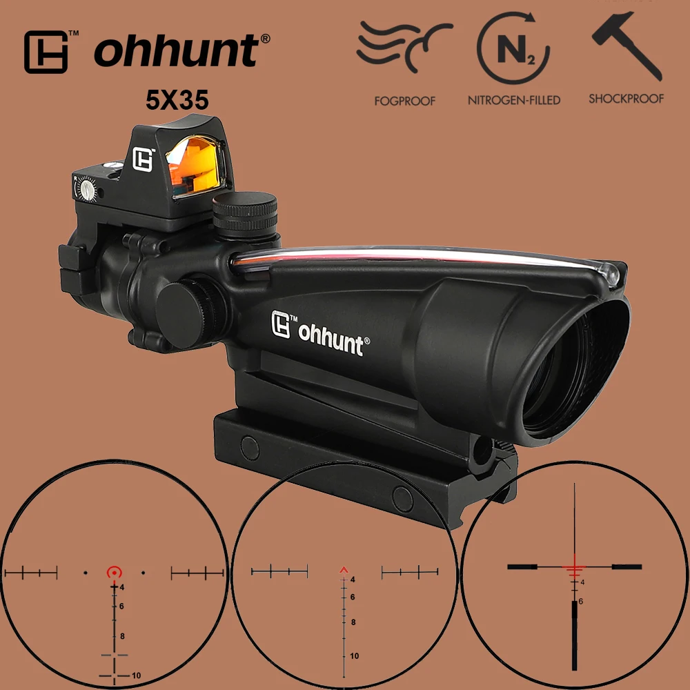 

ohhunt 5X35 ACOG Hunting Riflescope BDC Chevron Horseshoe Reticle Optical Sights with Red Dot for Tactical Rifle cal .223 .308