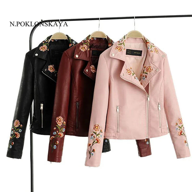 Embroidery basic jacket coat faux leather outerwear