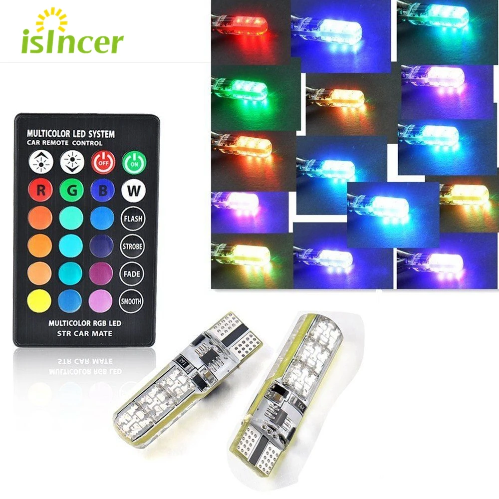 

2Pcs/1set 12V LED T10 W5W 5050 SMD 1.2W Auto Car RGB LED Interior Dome Wedge Reading Light Strobe Lamp Bulb With Remote Control
