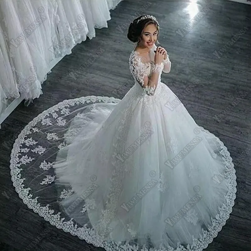 Robe de mariage бальное платье свадебное платье Длинные рукава Кожа Свадебные платья из фатина роскошные вышитые бисером платья невесты Vestido de Novia