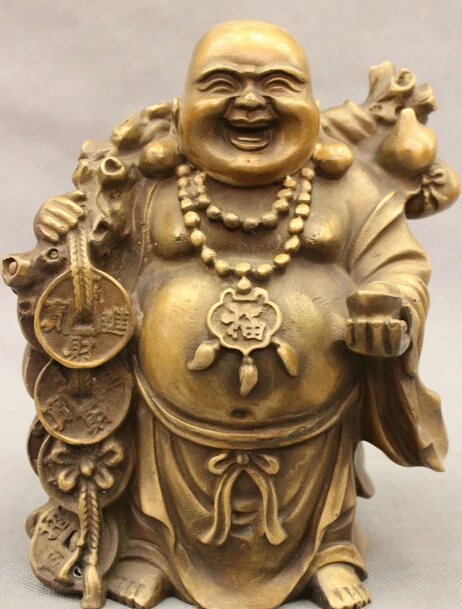 

JP S62 Chinese Bronze Buddhism Wealth Bag Fu Gourd Happy Laugh Maitreya Buddha Statue Discount 35%