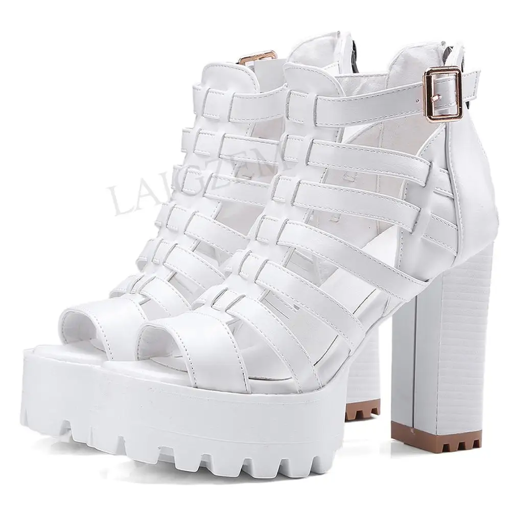 LAIGZEM FASHION Women Sandals Chunky Heels Sandals Straps Back Zipper Faux Leather Ladies Shoes Summer Woman Big Size 33-45 (11)