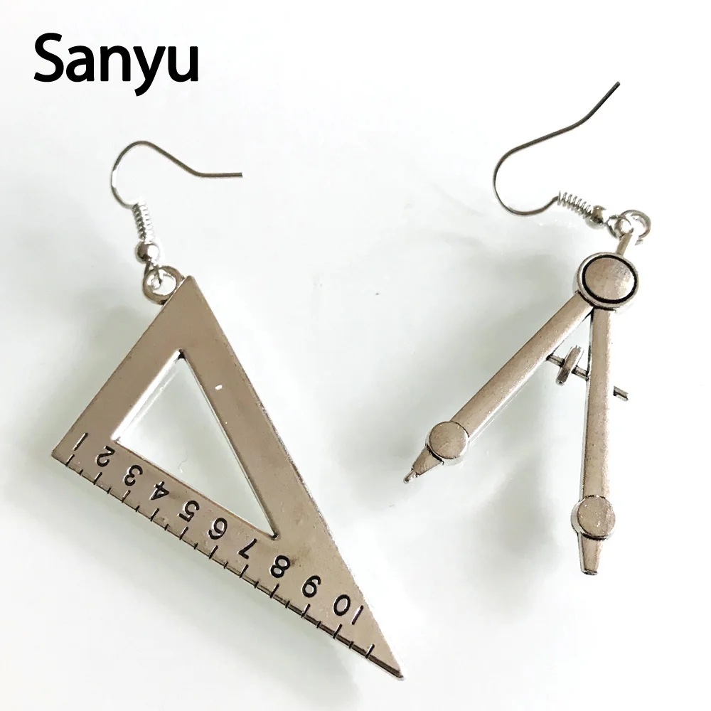 

New Creative Funny Vintage Compasses Set Square Drop Earrings Antique Silver Fun Earrings for Women Girl Personalized Brincos