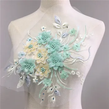 

2PC Exquisite 3D Flower Lace Applique with Sequins Pearl Beads Embroidered Sewing Trim Wedding Dress Accessories 29*23cm
