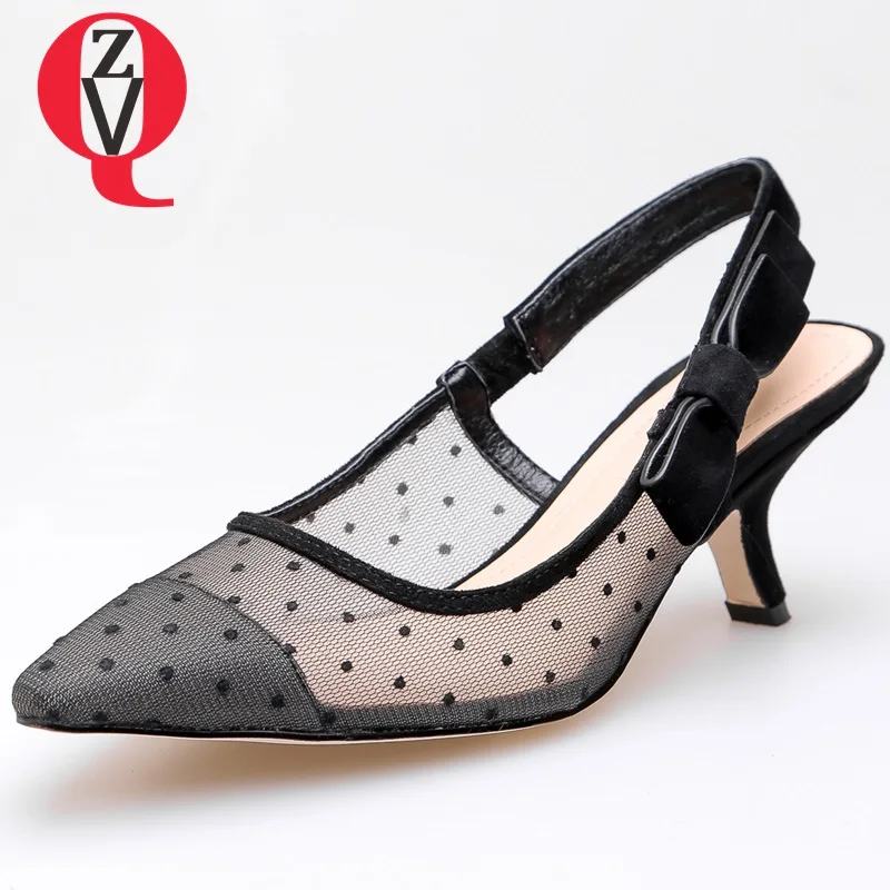 

ZVQ Genuine Leather lace polka dot woman pumps summer fashion Sexy Sheepskin Slingbacks 6 cm High heel shoes party pumps