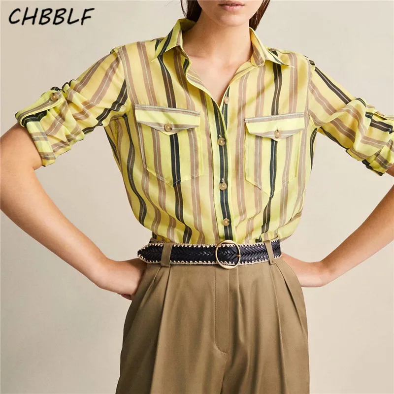 

CHBBLF women striped blouse pocket design long sleeve shirts chic female green casual spring tops blusas XDN8881
