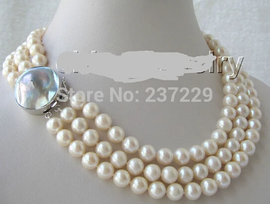 

HOT## Wholesale price23022 ^^AAAA17-19"3row 10mm natural white round freshwater pearl necklace-silver Mabe clasp