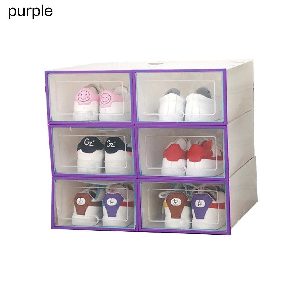 6 шт./компл. штабелируемые коробки для хранения обуви утолщенные флип обувь прозрачный ящик чехол Пластиковые обувные коробки органайзер для хранения J05 - Цвет: Фиолетовый