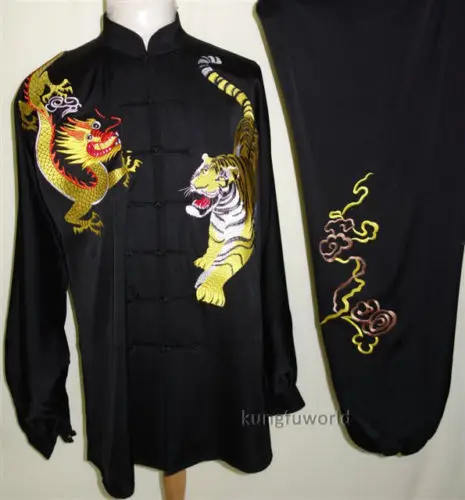 

Tai chi Uniform Black Satin Fabric Dragon Tiger Embroidery Kung fu Costumes Competition Suit Taiji Clothing