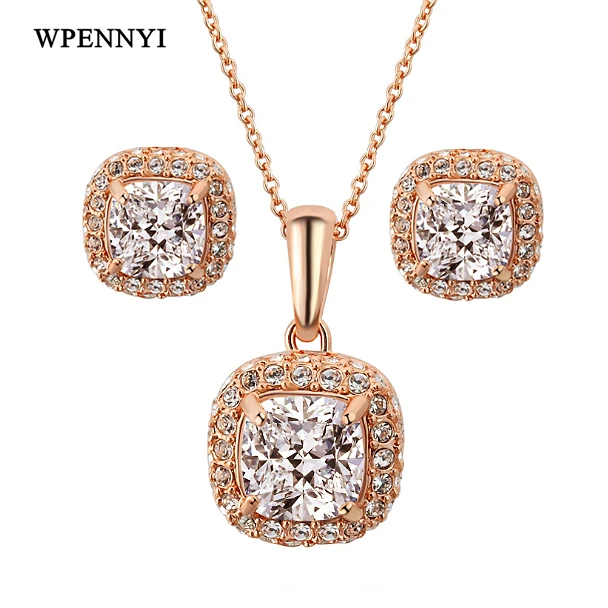 

FREE SHIPPING 18K Gold Plated Princess Cut Austrian Zircon Wedding Lady Jewelry Sets Necklace/Stud Earrings/Ring Wholesale