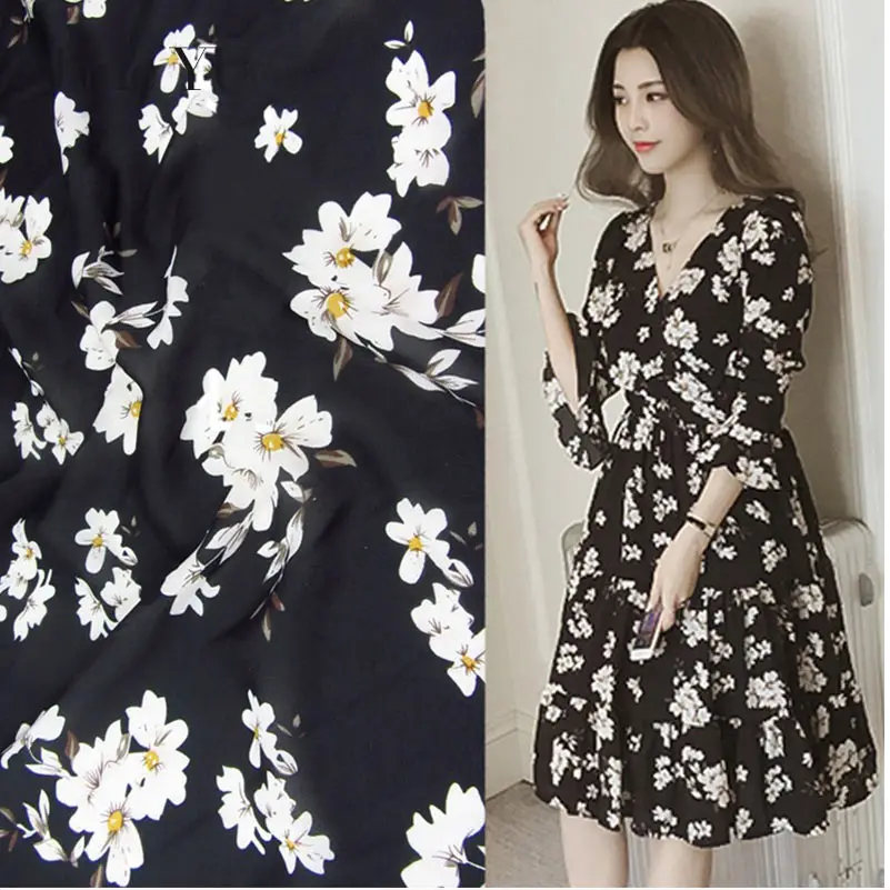 

Jane YU Spring and summer new fashion black white magnolia flowers printed chiffon fabric dress clothes clothing cloth