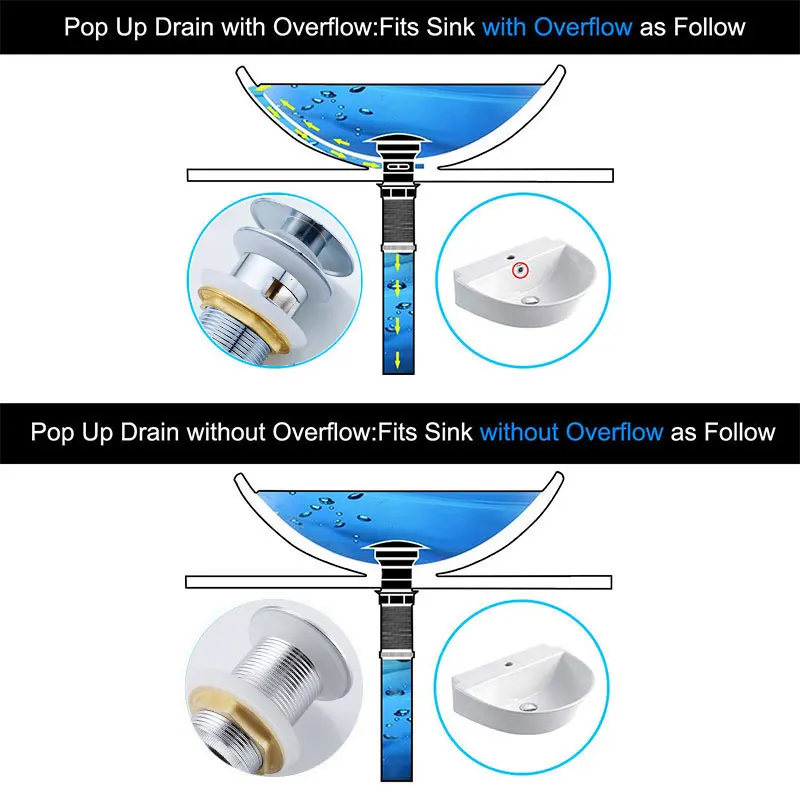 Bathroom Sink Pop Up Drain with Overflow, Sink Pop Up Drain Stopper,Brass Polished Chrome