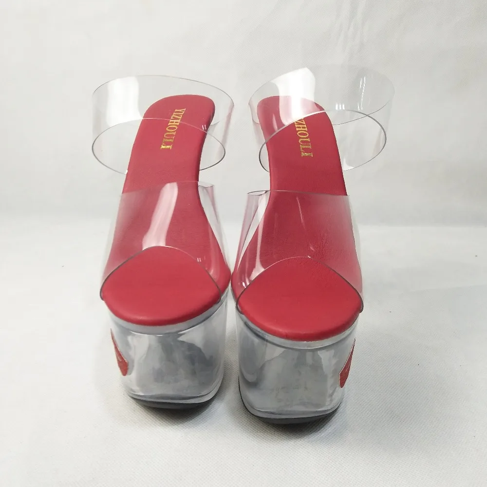 Sexy Crystal Shoes 17cm Ultra High Heels Exotic Dancer Red Lips Platform Slippers Night Club 8 Inch High Heels Fetish