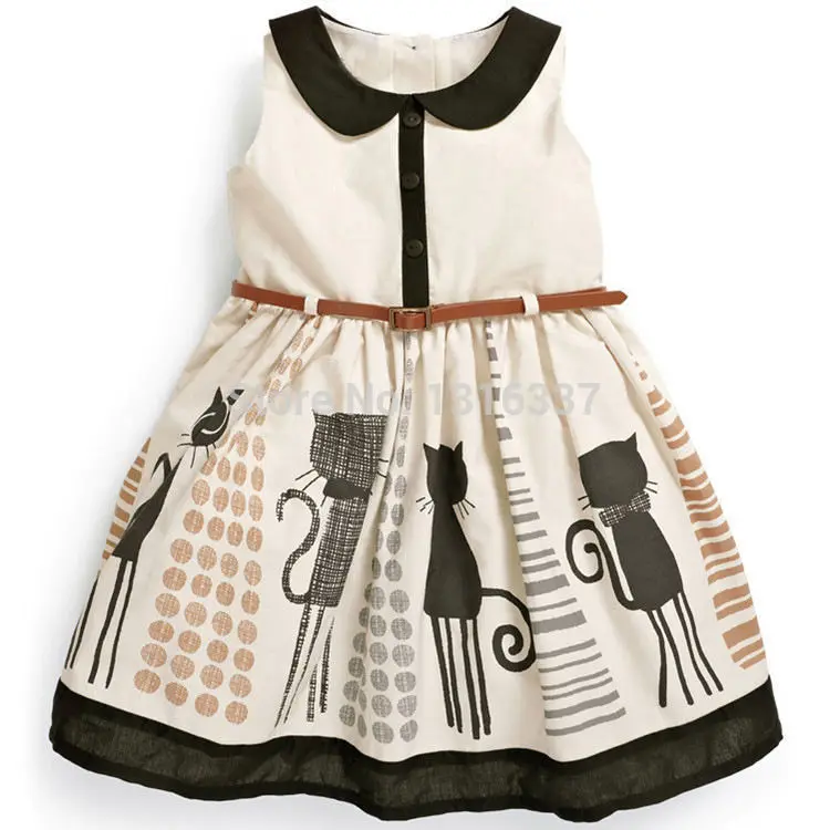 

2015 Princess Baby Kids Girls Cat Belt Party Tulle One-piees Gown Dresses 2-7Y