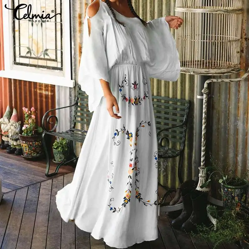 

Celmia Bohemian Dress Women Summer Printed Maxi Long Dresses Casual Sexy Cold Shoulder Party Vestidos Beach Robe Femme Plus Size