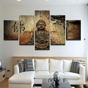 

Hot Sale 5 Panels Unframed Wall Art Modern Buddha Painting Art Buddha Religion Oil Painting Cheap Home Wall Decoration Pictures