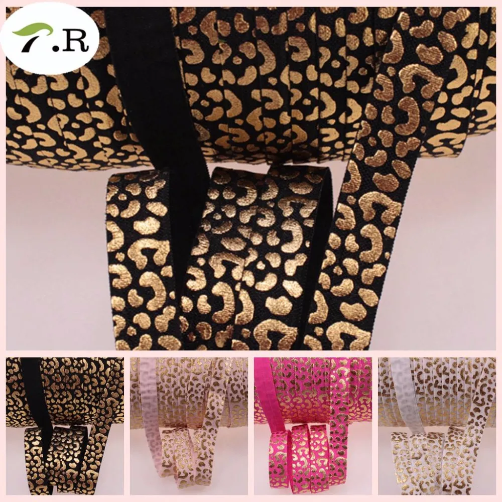 

4 Colors Gold Foil Leopard print FOE ribbon 5/8 fold over elastic with cheetah, 50 yards/lot Free shipping
