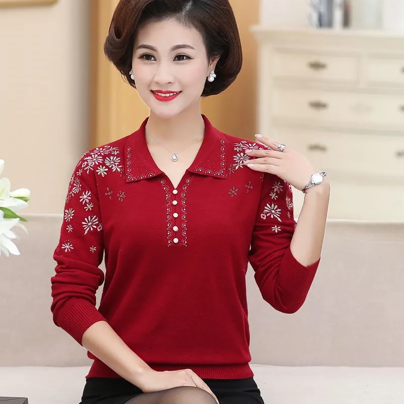 Весенне-осенний кашемировый свитер с отворотом для женщин среднего возраста, новинка, пуловер с длинными рукавами больших размеров 4XL, вязаные топы для мам W296 - Цвет: Red wine