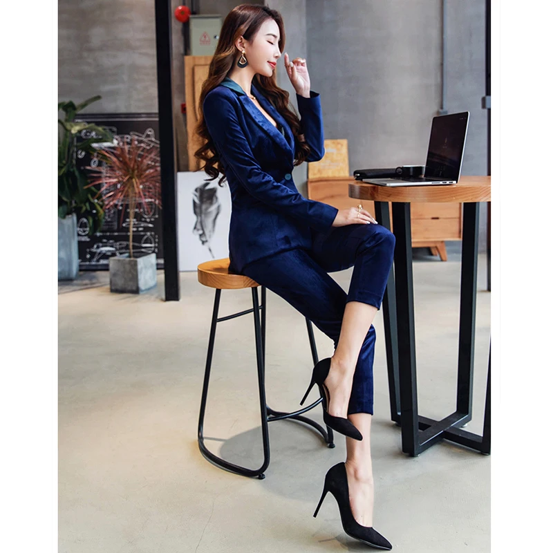 RG Formal Business Fashion Suit Female Trouser Set Blue Velvet Fabric Office Uniform Ankle-Length Pants Pantsuit Suit Set Women