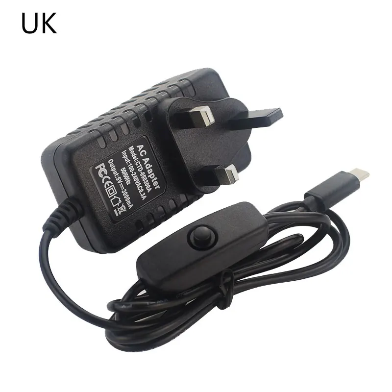 Universal USB Type C Power Adapter with ON/OFF Switch - 5V 3A, Multi-Plug Compatibility