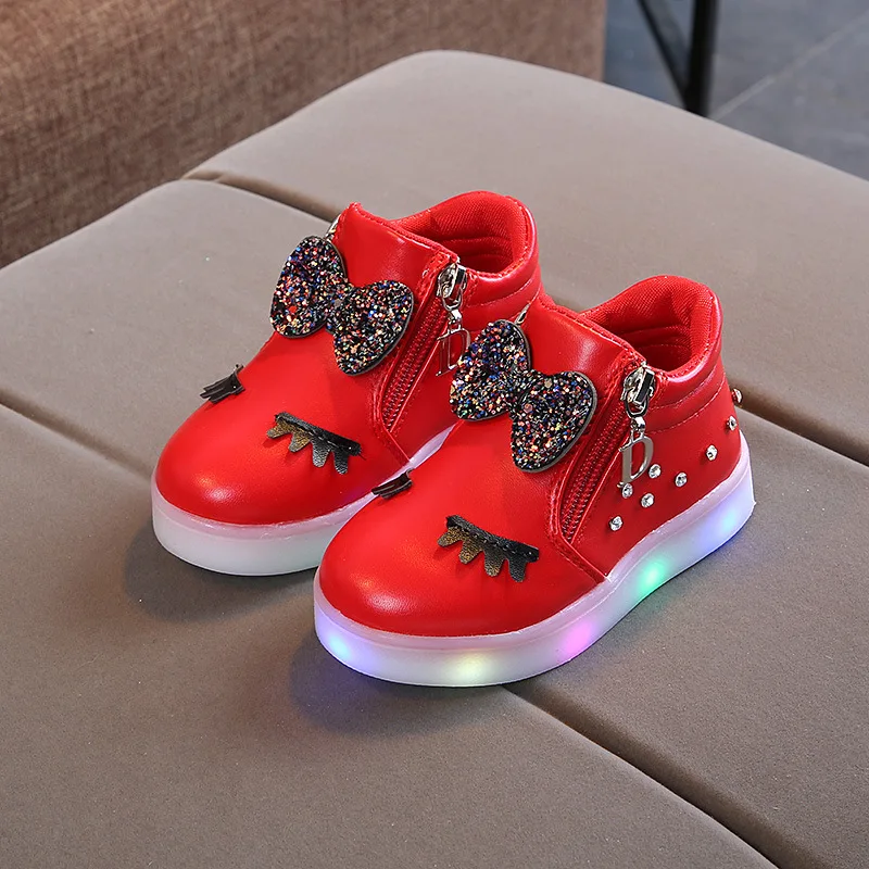 Размеры 21-30; Детские светящиеся кроссовки; детская обувь принцессы с бантом для девочек; обувь с подсветкой; милые детские кроссовки; светящаяся обувь; светильник - Цвет: Красный