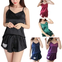 Женский цветочный Комплект для сна с вышивкой, сексуальный топ без рукавов из искусственного шелка, Пижама