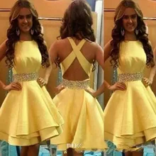 Короткие вечерние платья для девочек Желтые атласные Бисероплетение створки многоуровневые гофрированные недорогие юбки коктейльный вечер встречи выпускников длинное вечернее платье